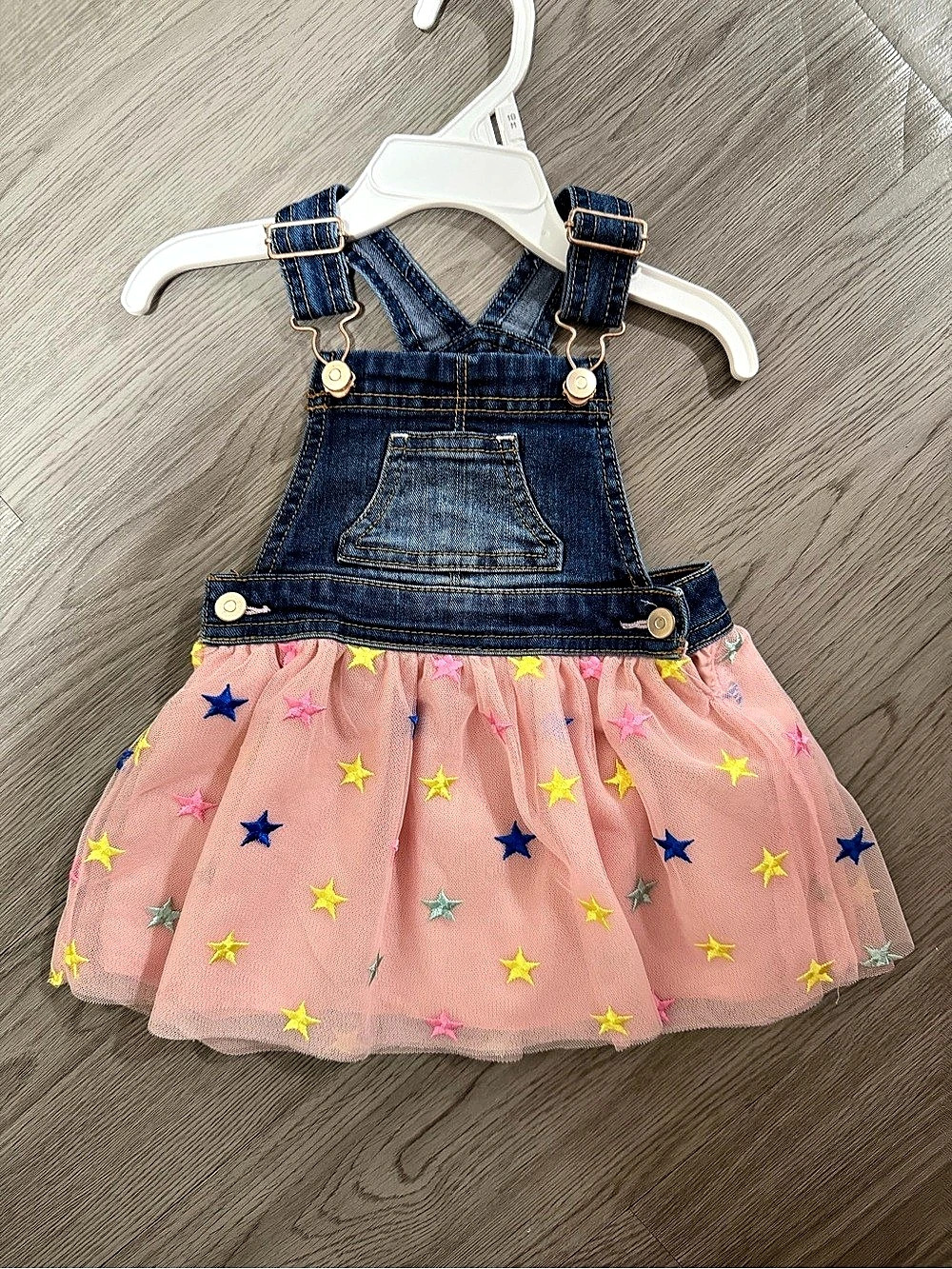 Wonder Nation Denim Bib Overall Dress with Pink Tulle & Multicolor Stars Pink &